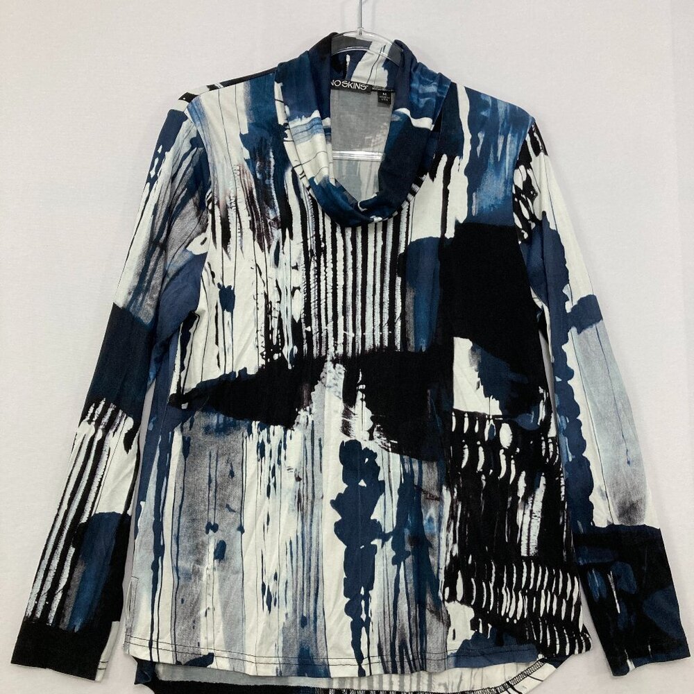 Snoskins Medium Cowl Neck Blue Black Abstract Artsy Stretch knit Long Sleeve Top